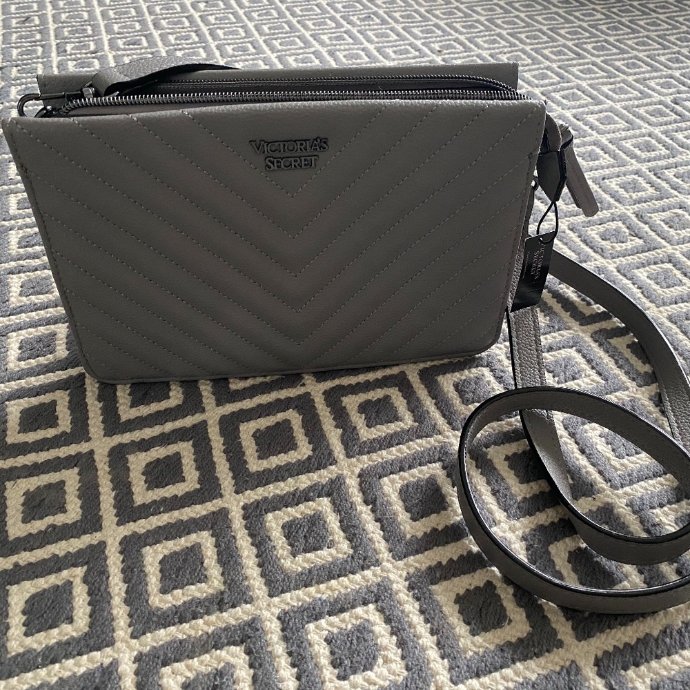 Victoria's Secret Grey Leather V-Quilt Crossbody Purse